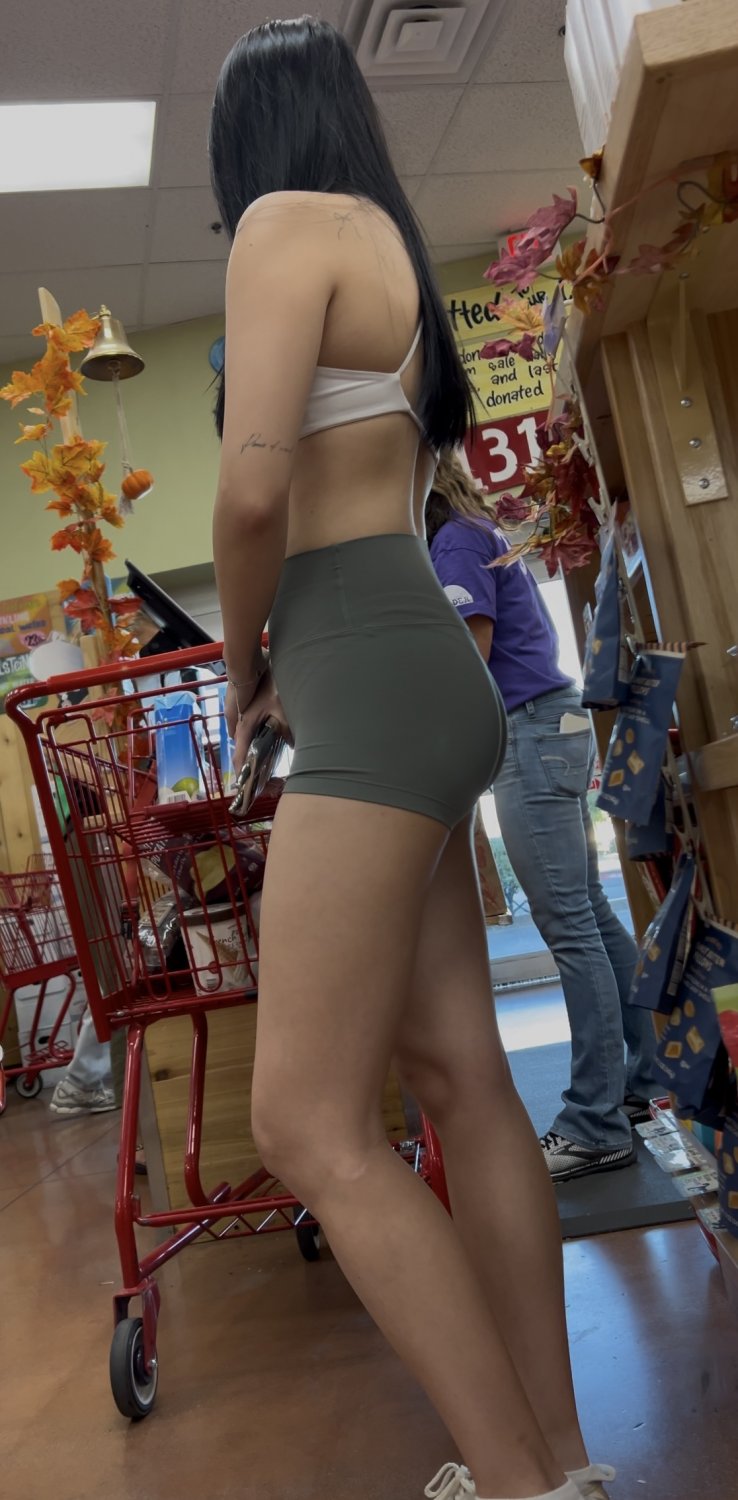 Beautiful asian in green shorts with vtl at Trader Joe’s creepshot #3X597oOy